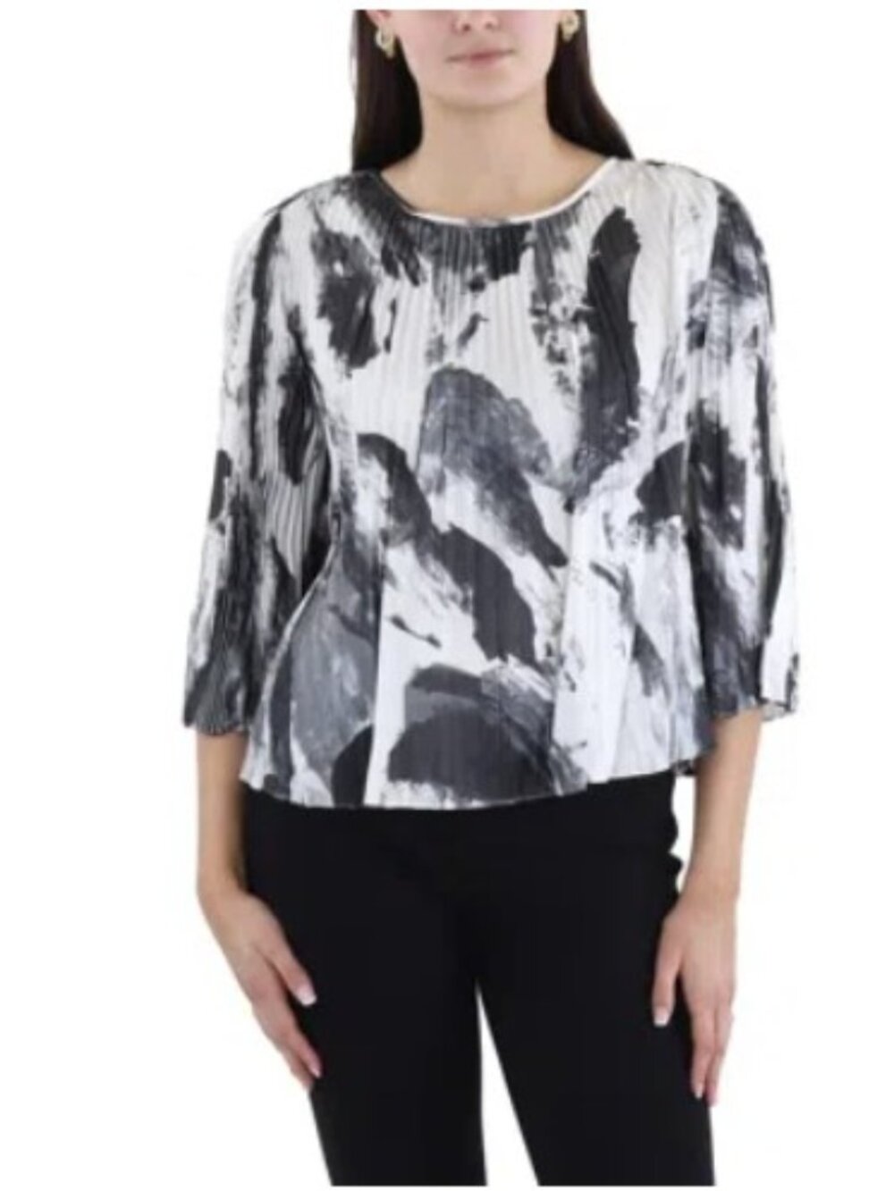 NWT BCBGMAXAZRIA Pleated Rayon Blouse in a black and white abstract print, S